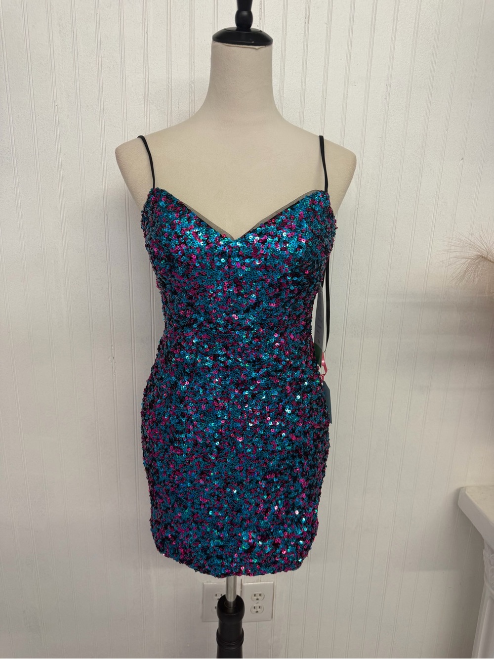 Dave & Johnny Teal and Fuchsia Sequin Spaghetti Strap Mini Dress